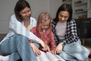 estrategias para mejorar la comprensión lectora en el aula. Profesora y alumnas leyendo juntas